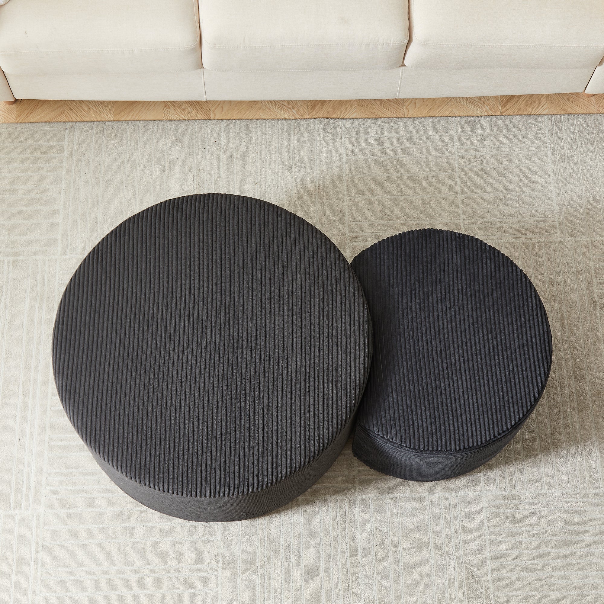 Modern Upholstered Round Coffee Table Set of 2 in Black, Corduroy Fabric, No Assembly, Perfect for Living Room or Bedroom