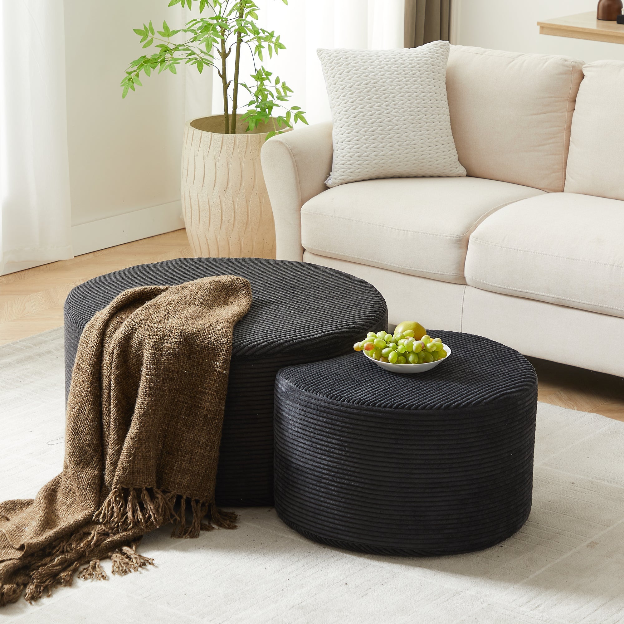 Modern Upholstered Round Coffee Table Set of 2 in Black, Corduroy Fabric, No Assembly, Perfect for Living Room or Bedroom