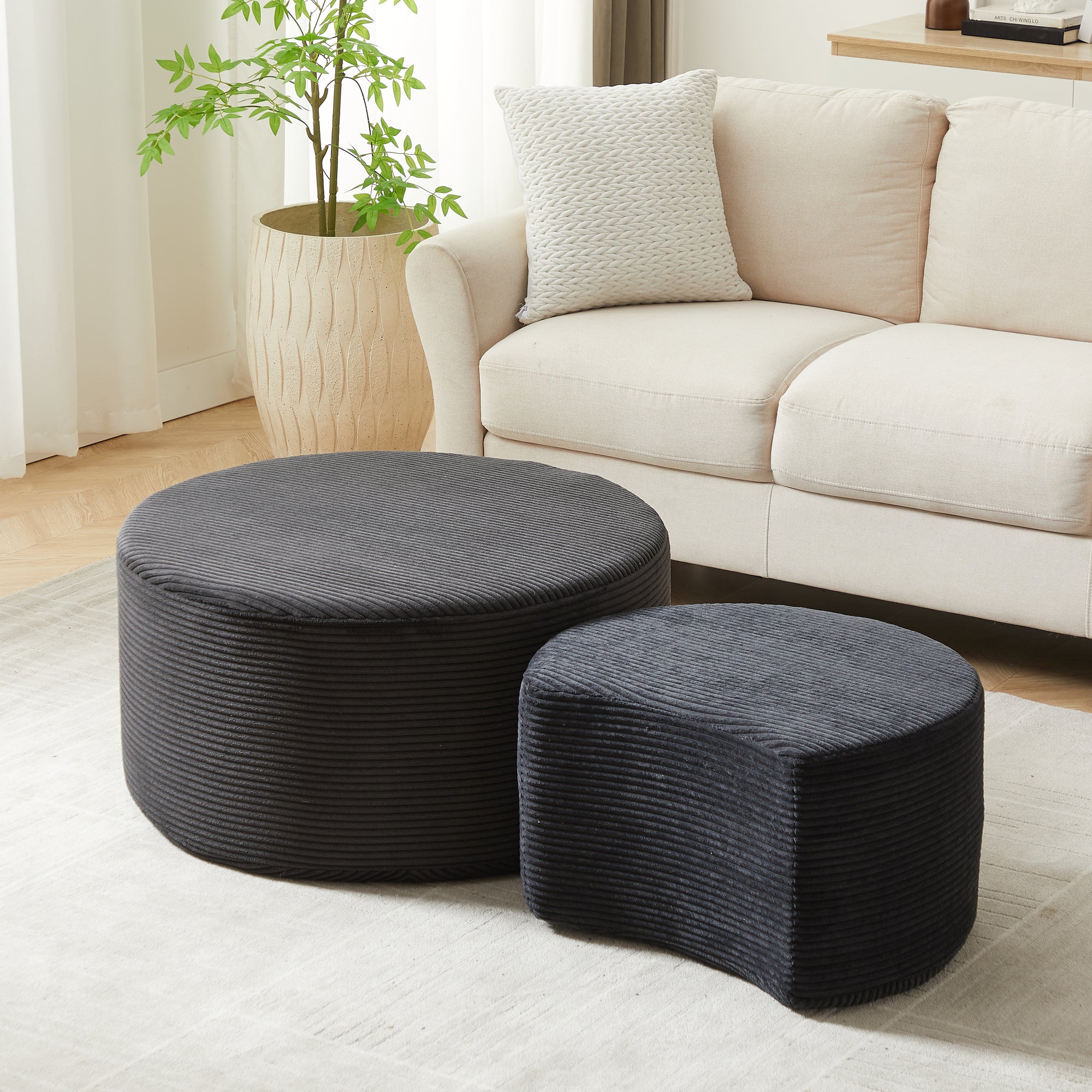 Modern Upholstered Round Coffee Table Set of 2 in Black, Corduroy Fabric, No Assembly, Perfect for Living Room or Bedroom