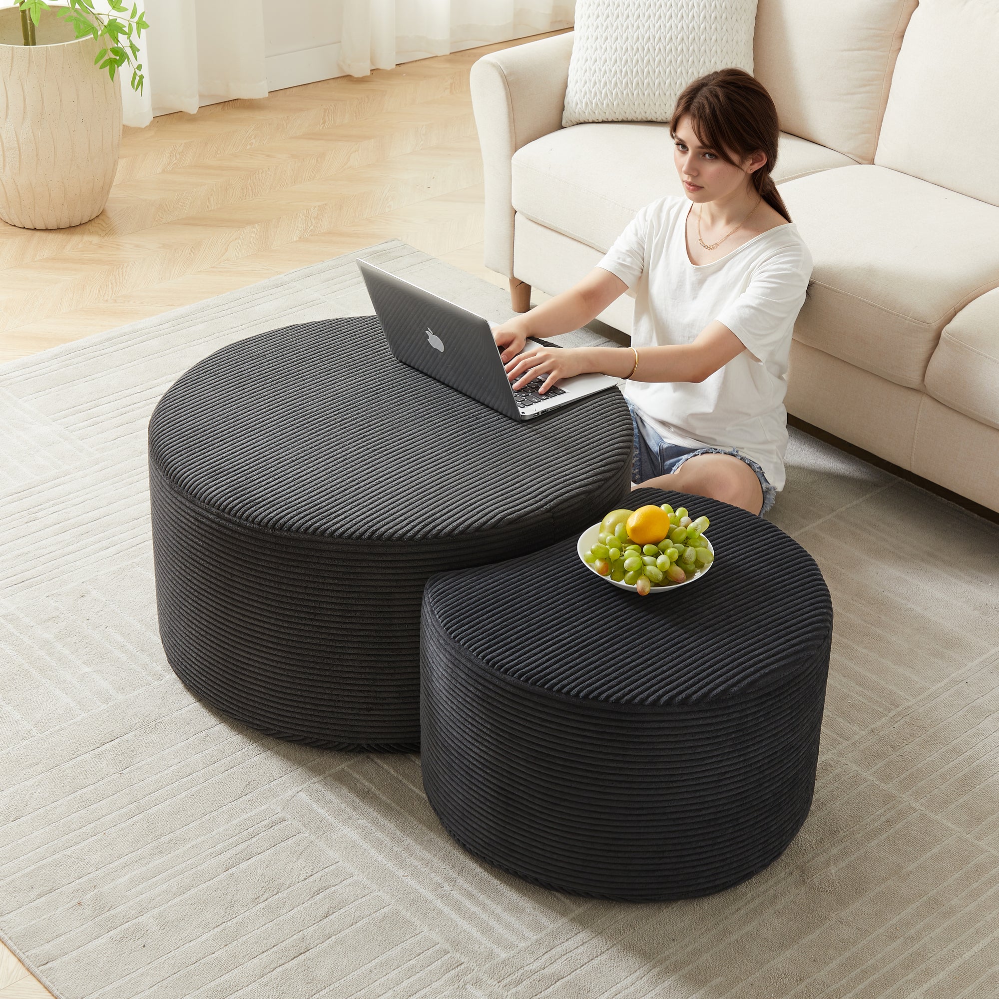 Modern Upholstered Round Coffee Table Set of 2 in Black, Corduroy Fabric, No Assembly, Perfect for Living Room or Bedroom