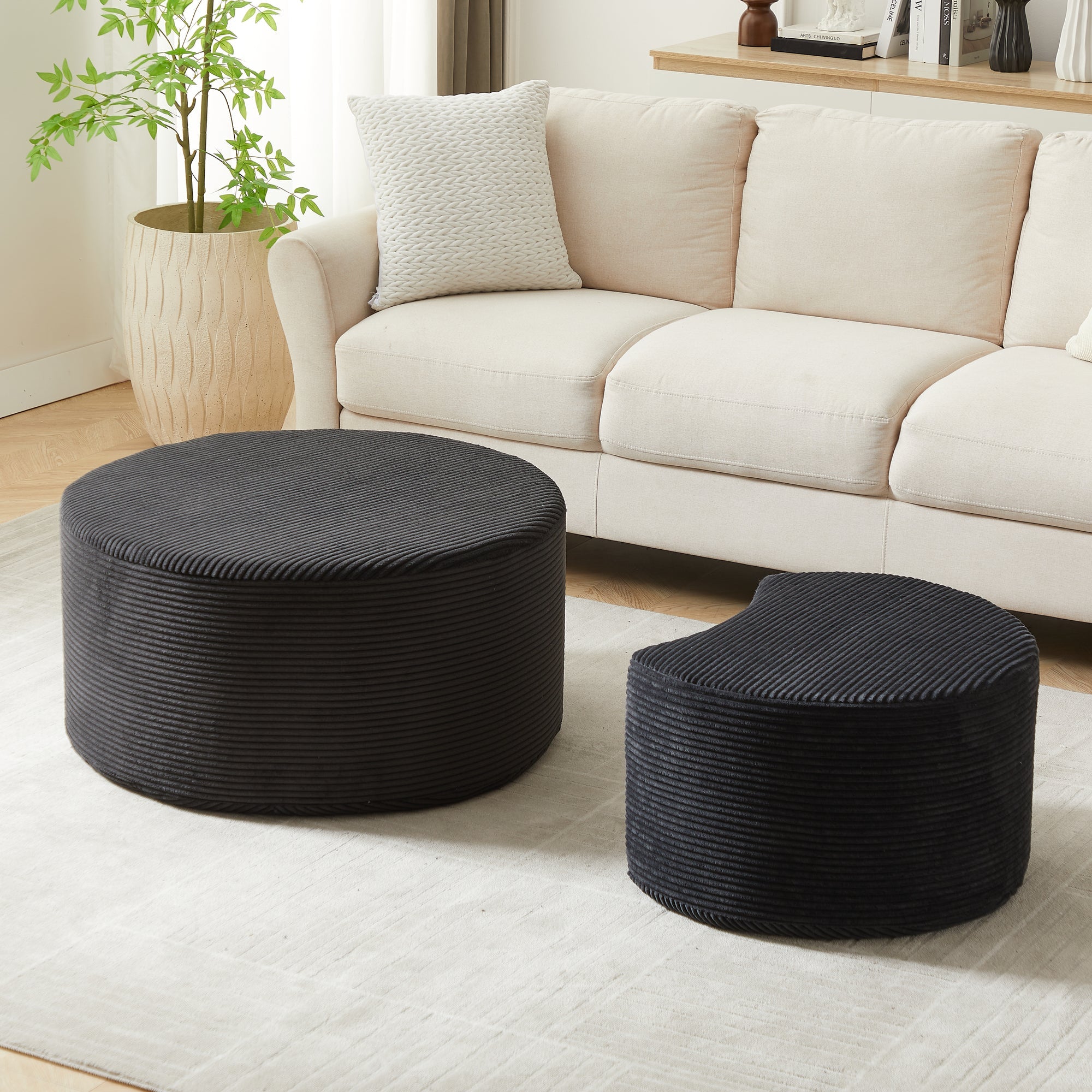 Modern Upholstered Round Coffee Table Set of 2 in Black, Corduroy Fabric, No Assembly, Perfect for Living Room or Bedroom