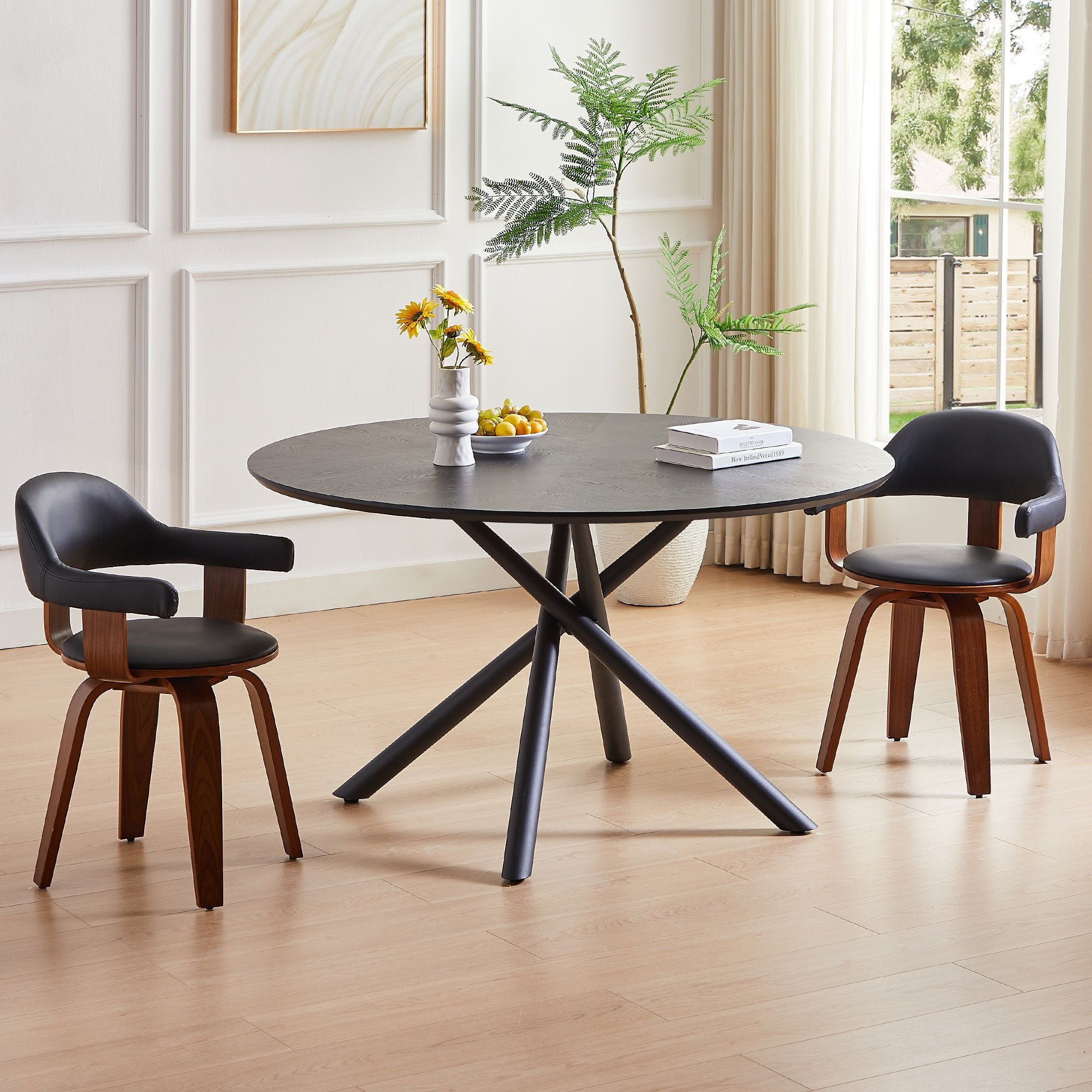 53.14'' Round MDF Coffee Table End Table Short Leisure Tea Table Cross Legs Metal Base, Easy to Assemble,BLACK