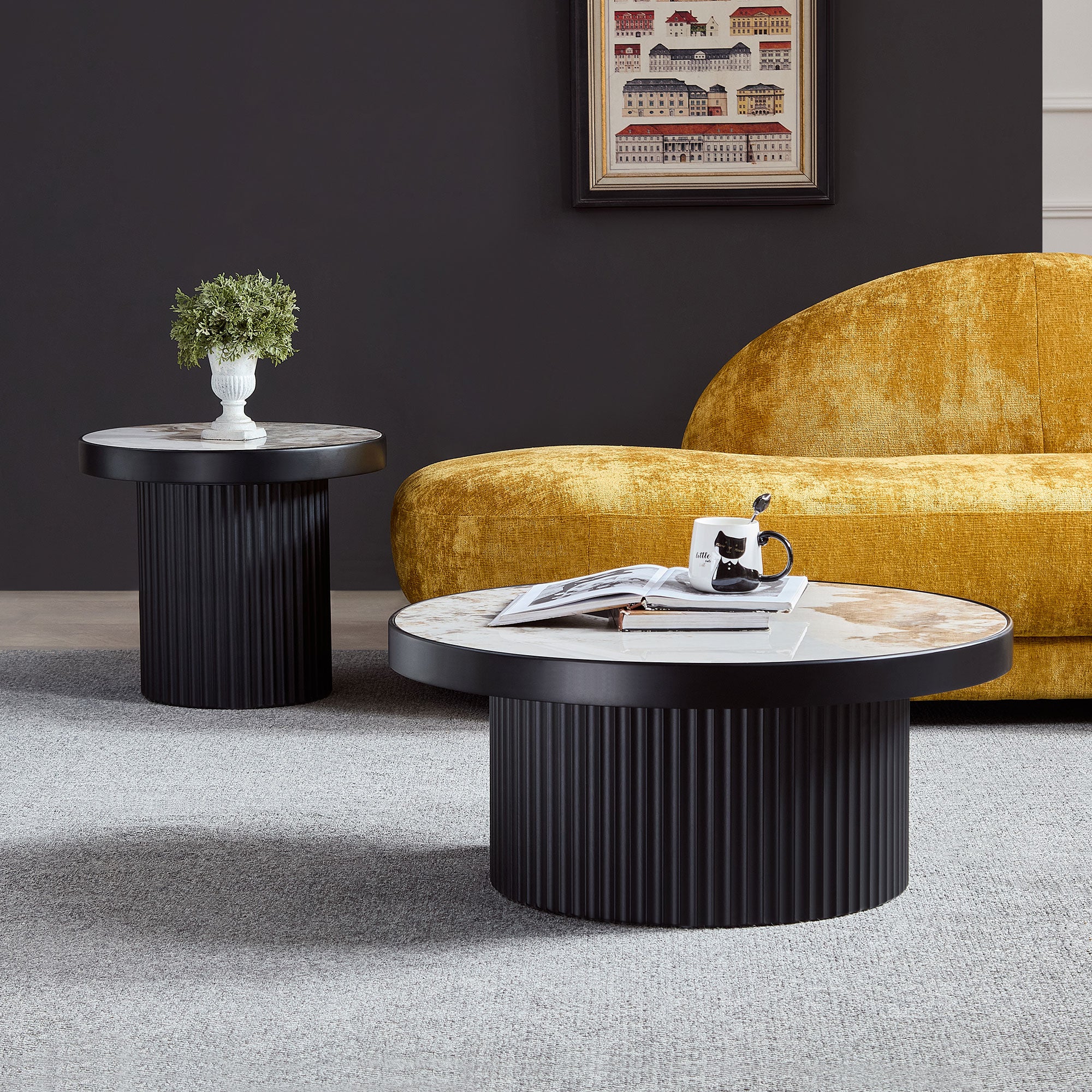 Set of 2 Coffee Table,MDF Round Coffee Table Sintered Stone Tabletop for Living Room Apartment,Leisure Area BLACK