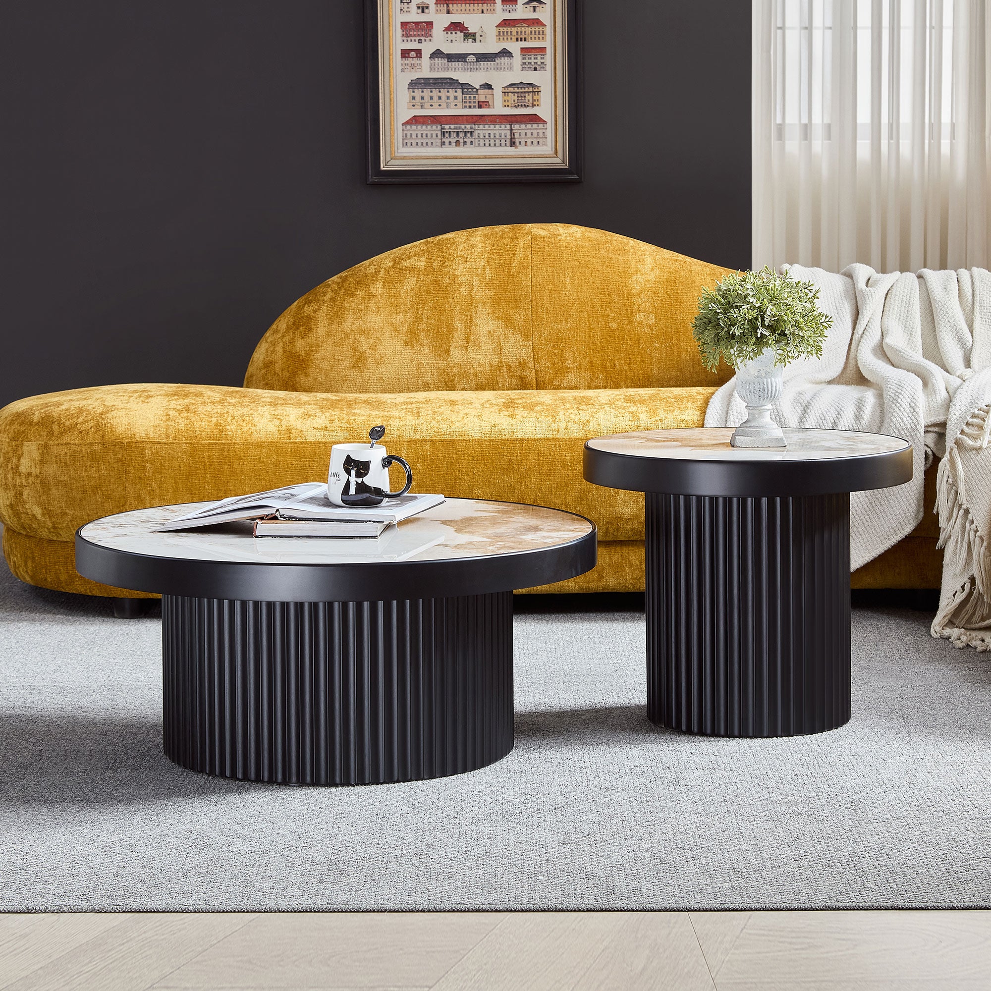 Set of 2 Coffee Table,MDF Round Coffee Table Sintered Stone Tabletop for Living Room Apartment,Leisure Area BLACK