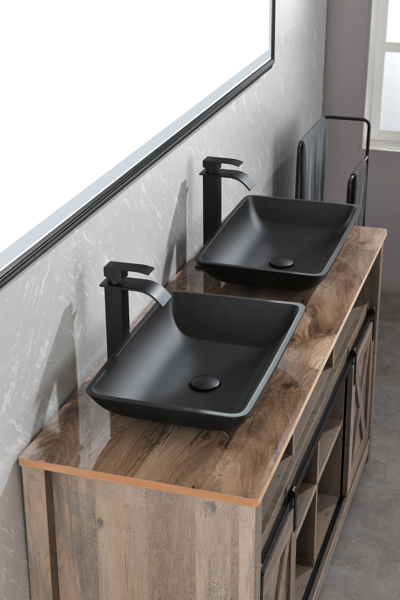 14.38" L -22.25" W -4-3/8 in. H Matte Shell Glass Rectangular Vessel Bathroom Sink in Black with Faucet and Pop-Up Drain in Matte Black
