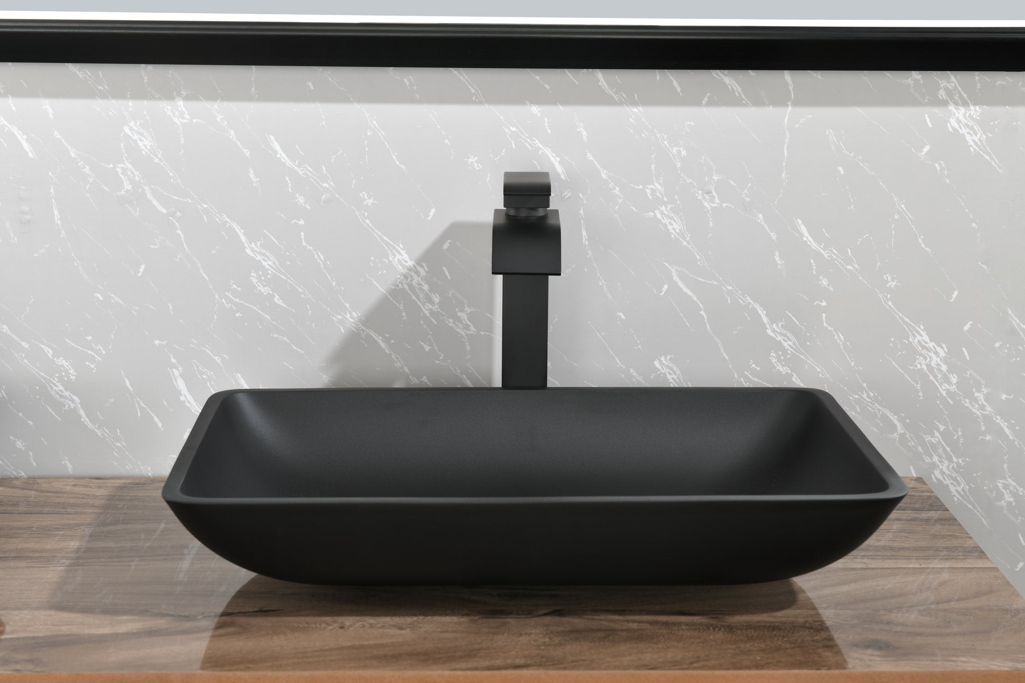 14.38" L -22.25" W -4-3/8 in. H Matte Shell Glass Rectangular Vessel Bathroom Sink in Black with Faucet and Pop-Up Drain in Matte Black