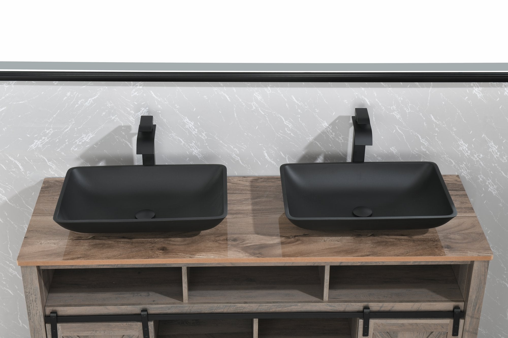 14.38" L -22.25" W -4-3/8 in. H Matte Shell Glass Rectangular Vessel Bathroom Sink in Black with Faucet and Pop-Up Drain in Matte Black
