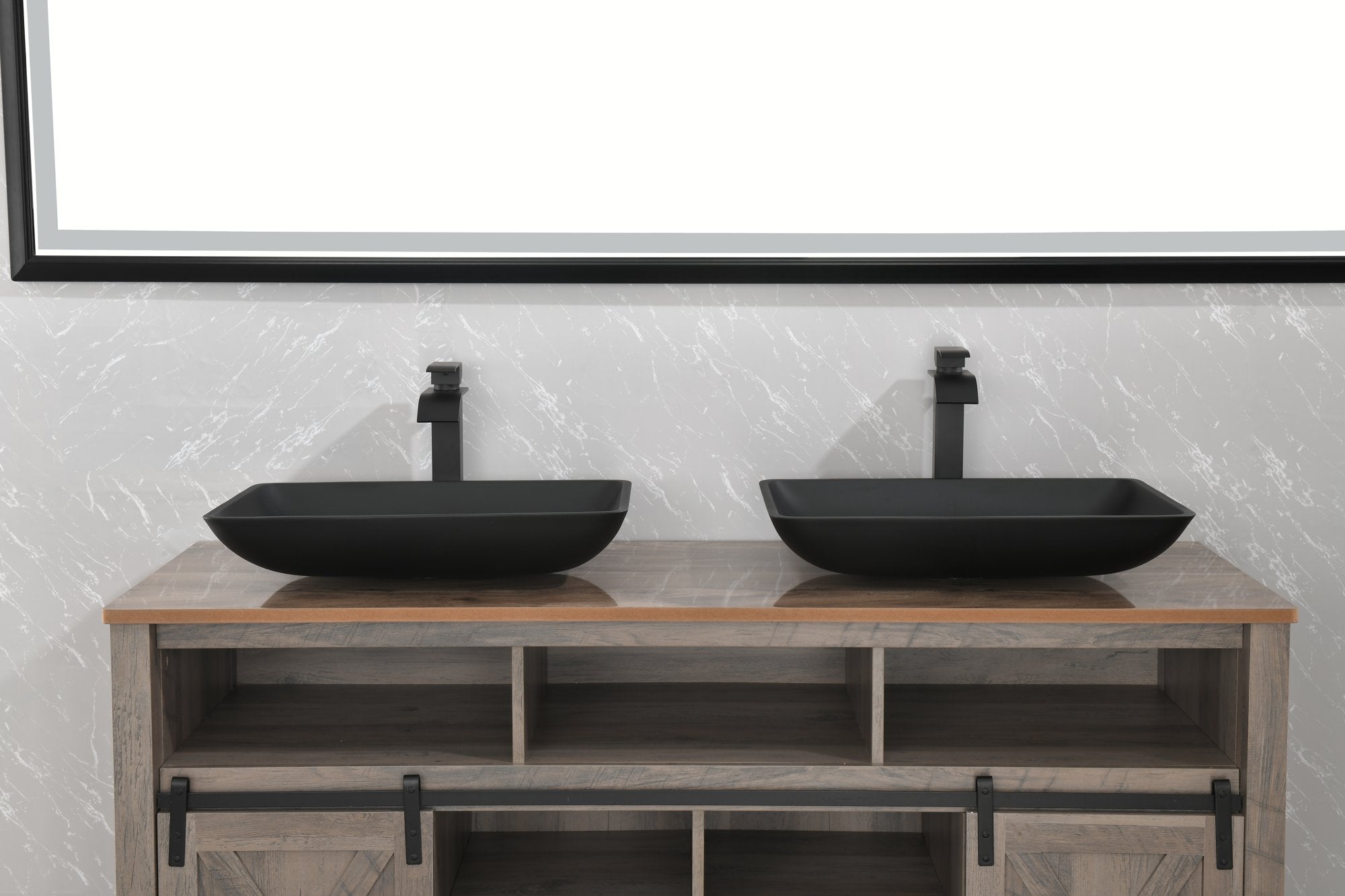 14.38" L -22.25" W -4-3/8 in. H Matte Shell Glass Rectangular Vessel Bathroom Sink in Black with Faucet and Pop-Up Drain in Matte Black