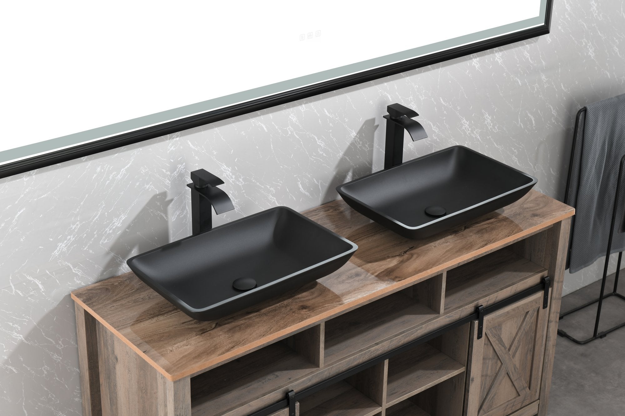 14.38" L -22.25" W -4-3/8 in. H Matte Shell Glass Rectangular Vessel Bathroom Sink in Black with Faucet and Pop-Up Drain in Matte Black