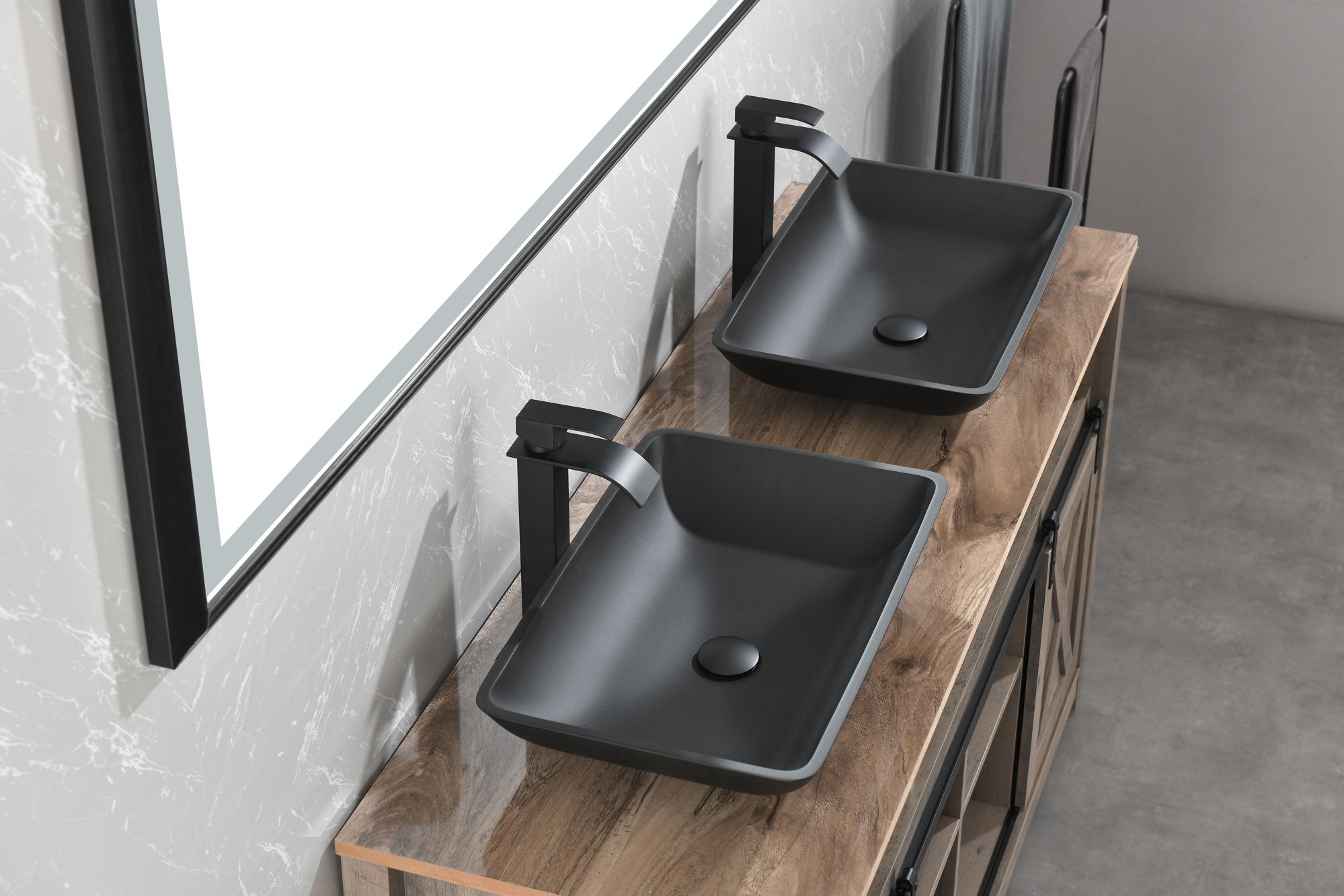 14.38" L -22.25" W -4-3/8 in. H Matte Shell Glass Rectangular Vessel Bathroom Sink in Black with Faucet and Pop-Up Drain in Matte Black