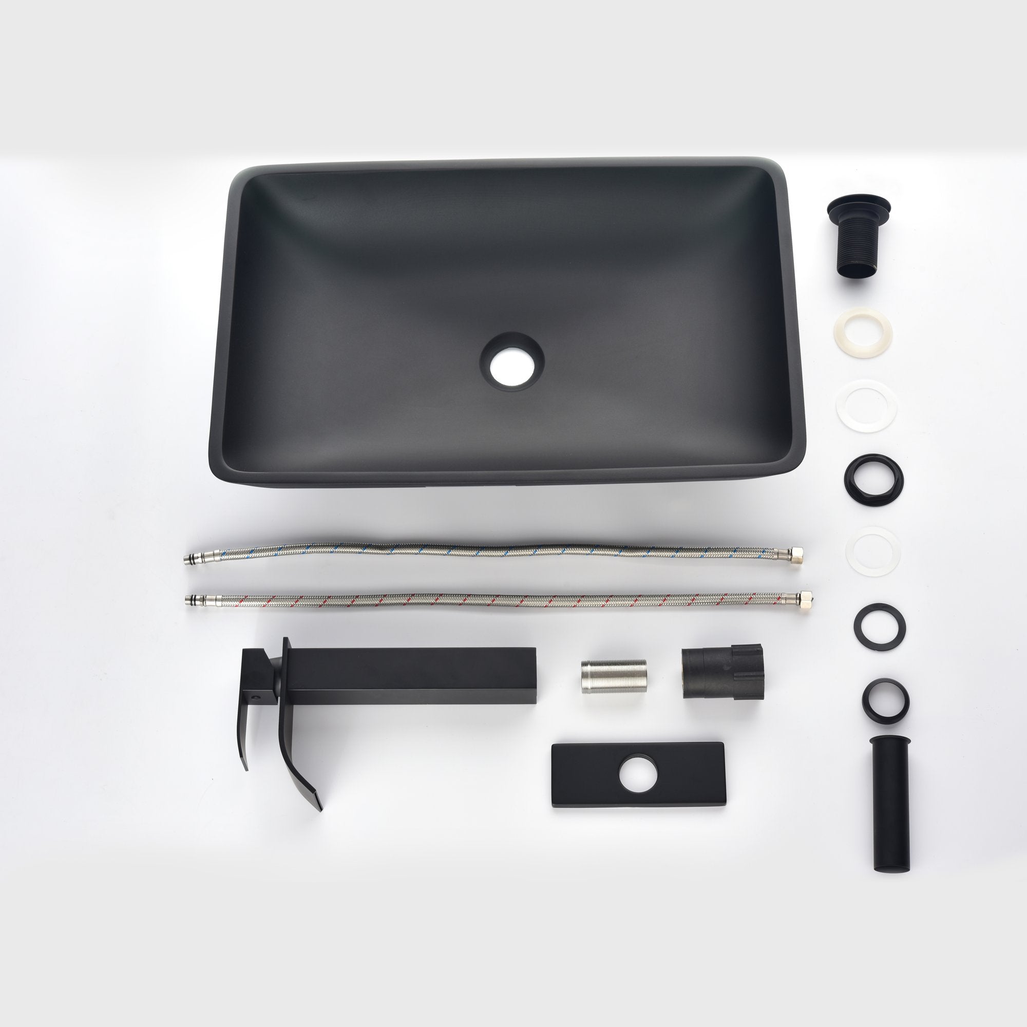 14.38" L -22.25" W -4-3/8 in. H Matte Shell Glass Rectangular Vessel Bathroom Sink in Black with Faucet and Pop-Up Drain in Matte Black