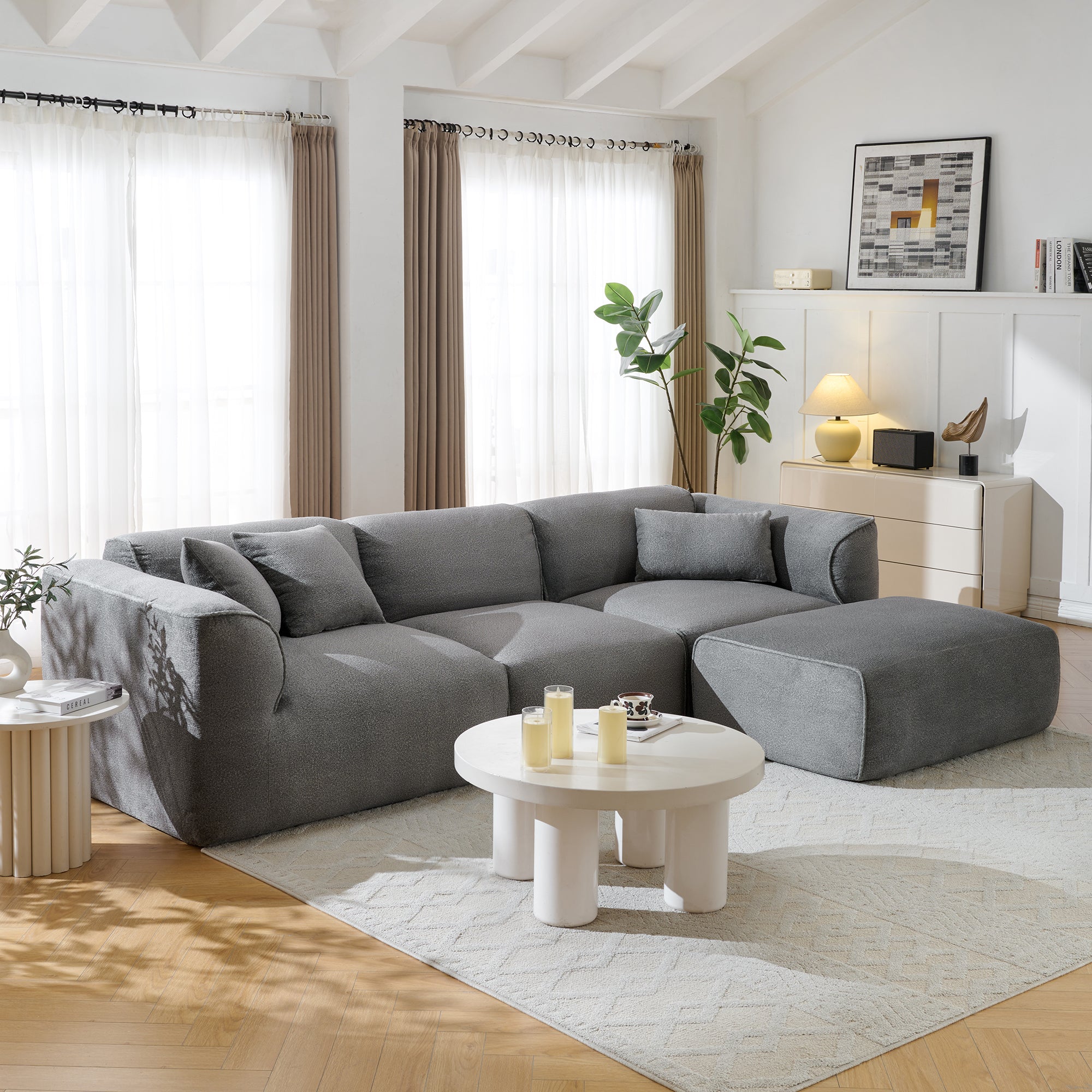 U_Style Luxury living room double-needle cut velvet sofa, 4-seater with pure sponge seat cushions and a detachable footstool
